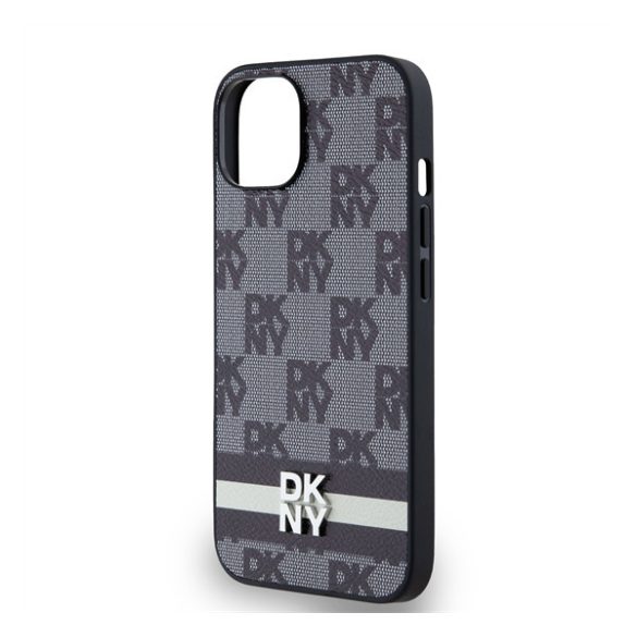 DKNY PU Leather Checkered Pattern and Stripe Apple iPhone 13 hátlap tok, fekete