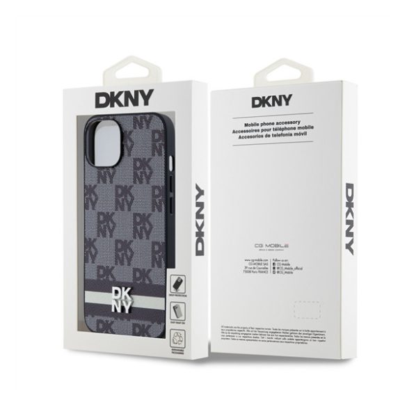 DKNY PU Leather Checkered Pattern and Stripe Apple iPhone 13 hátlap tok, fekete