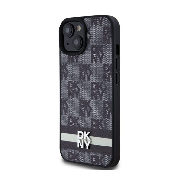 DKNY PU Leather Checkered Pattern and Stripe Apple iPhone 15 hátlap tok, fekete