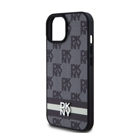 DKNY PU Leather Checkered Pattern and Stripe Apple iPhone 15 hátlap tok, fekete