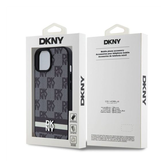 DKNY PU Leather Checkered Pattern and Stripe Apple iPhone 15 hátlap tok, fekete