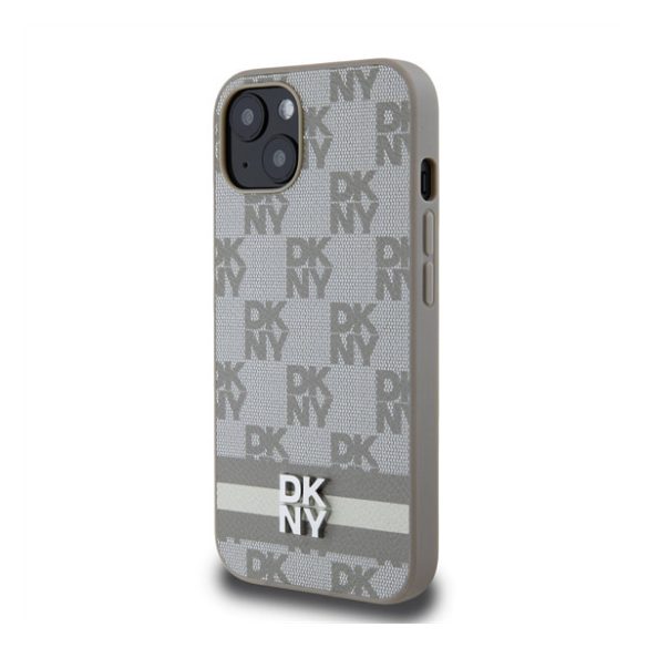 DKNY PU Leather Checkered Pattern and Stripe Apple iPhone 13 hátlap tok, bézs