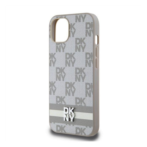 DKNY PU Leather Checkered Pattern and Stripe Apple iPhone 13 hátlap tok, bézs