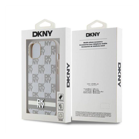 DKNY PU Leather Checkered Pattern and Stripe Apple iPhone 13 hátlap tok, bézs