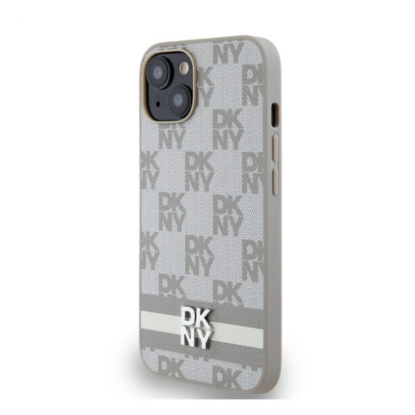 DKNY PU Leather Checkered Pattern and Stripe Apple iPhone 14 hátlap tok, bézs