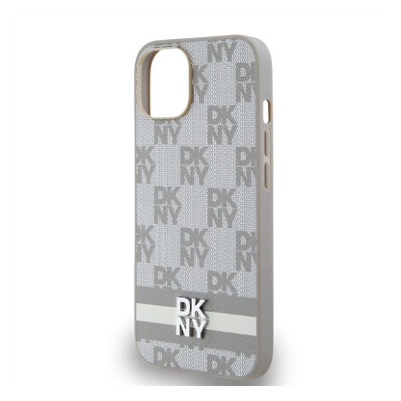 DKNY PU Leather Checkered Pattern and Stripe Apple iPhone 14 hátlap tok, bézs