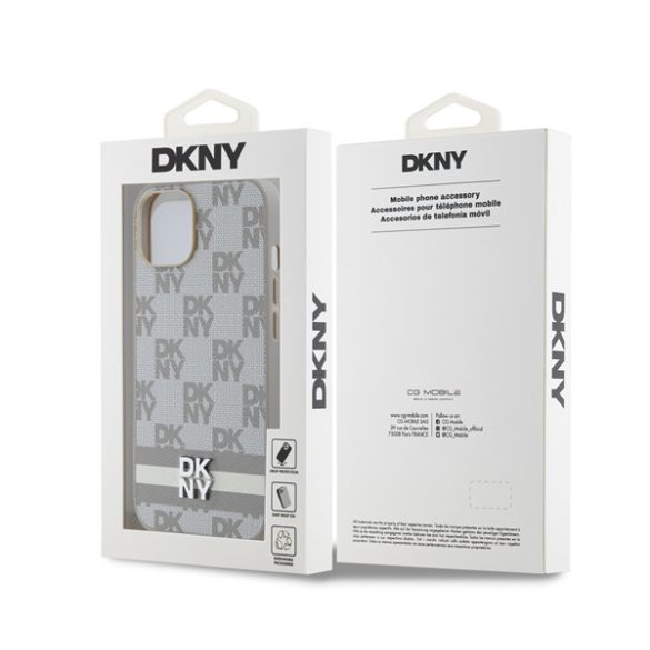 DKNY PU Leather Checkered Pattern and Stripe Apple iPhone 14 hátlap tok, bézs