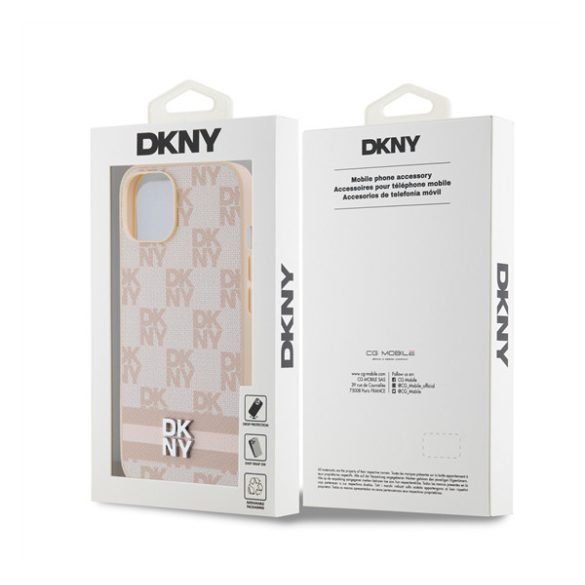 DKNY PU Leather Checkered Pattern and Stripe Apple iPhone 13 hátlap tok, rózsaszín