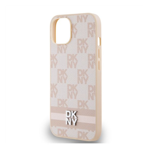 DKNY PU Leather Checkered Pattern and Stripe Apple iPhone 15 hátlap tok, rózsaszín