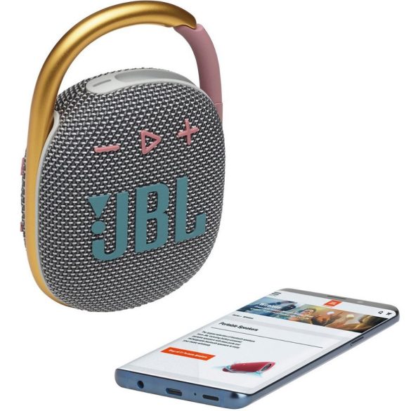 Bluetooth hordozható hangszóró, 5W, v5.1, felakasztható, vízálló, JBL Clip 4, szürke