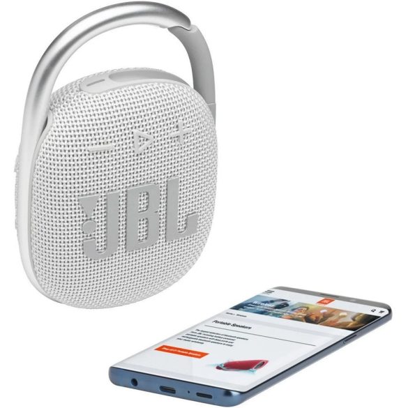 Bluetooth hordozható hangszóró, 5W, v5.1, felakasztható, vízálló, JBL Clip 4, fehér