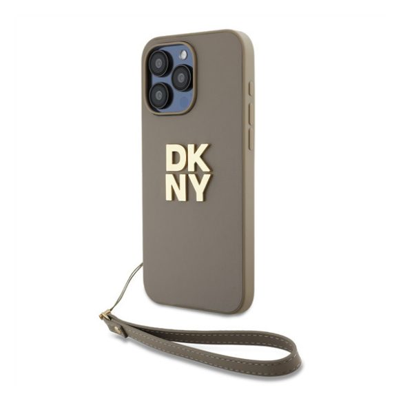 DKNY PU Leather Stack Logo Apple iPhone 14 Pro hátlap tok csuklópánttal, bézs