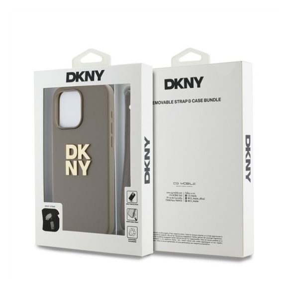 DKNY PU Leather Stack Logo Apple iPhone 14 Pro hátlap tok csuklópánttal, bézs