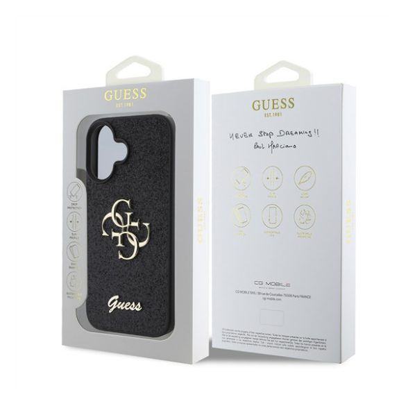 Guess Fixed Glitter Big 4G Apple iPhone 16 hátlap tok, fekete