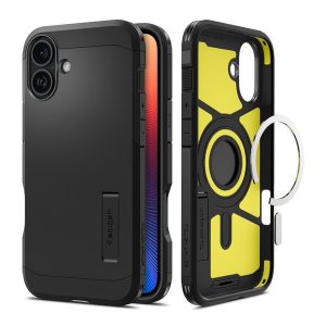 Apple iPhone 16 Plus, Szilikon tok + műanyag hátlap, Magsafe töltővel kompatibilis, kitámasztóval, Spigen Tough Armor Mag, fekete