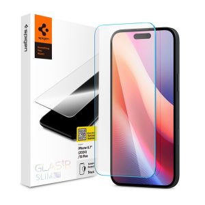 Apple iPhone 15 Plus / 16 Plus, Kijelzővédő fólia, ütésálló fólia (az íves részre is!), Tempered Glass (edzett üveg), tok barát, Spigen Glastr Slim HD, Clear