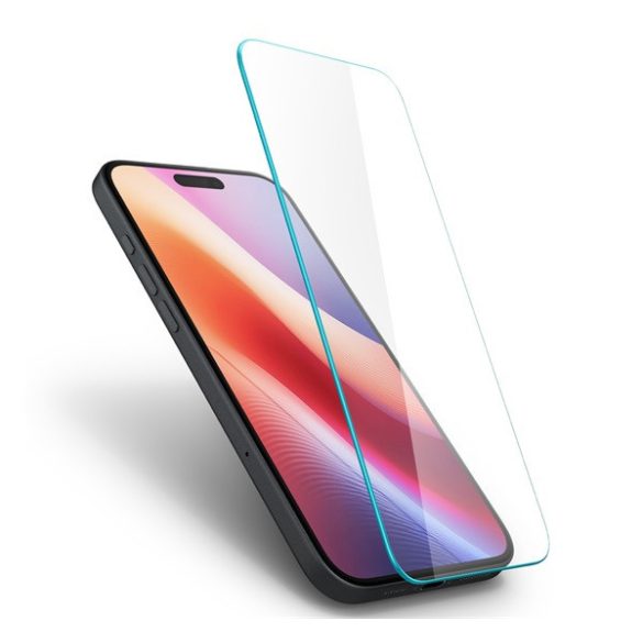 Apple iPhone 15 Plus / 16 Plus, Kijelzővédő fólia, ütésálló fólia (az íves részre is!), Tempered Glass (edzett üveg), tok barát, Spigen Glastr Slim HD, Clear