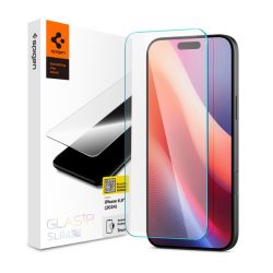   Apple iPhone 16 Pro Max / 17 Pro Max, Kijelzővédő fólia, ütésálló fólia (az íves részre is!), Tempered Glass (edzett üveg), tok barát, Spigen Glastr Slim HD, Clear