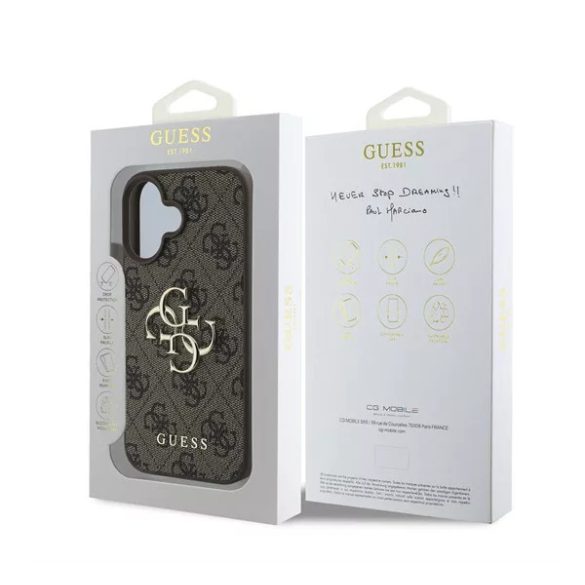 Guess PU 4G Metal Logo Apple iPhone 16 hátlap tok, barna