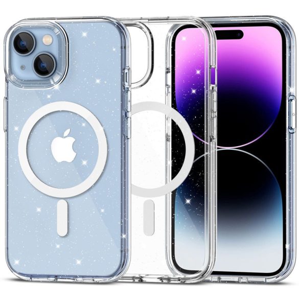 Apple iPhone 15 Plus, Műanyag hátlap védőtok + szilikon keret, Magsafe töltővel kompatibilis, csillogó hátlap, FlexAir Hybrid Magsafe Glitter, átlátszó