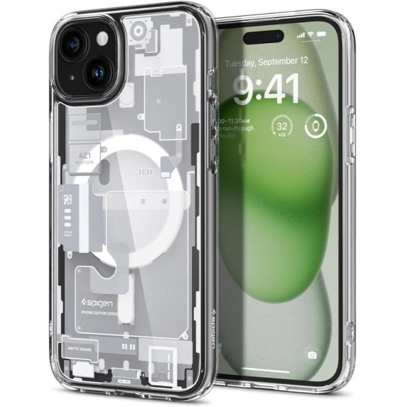 Apple iPhone 15 Plus, Műanyag hátlap védőtok + szilikon keret, Magsafe töltővel kompatibilis, iPhone belső minta, Spigen Ultra Hybrid Zero One Mag, átlátszó/fehér