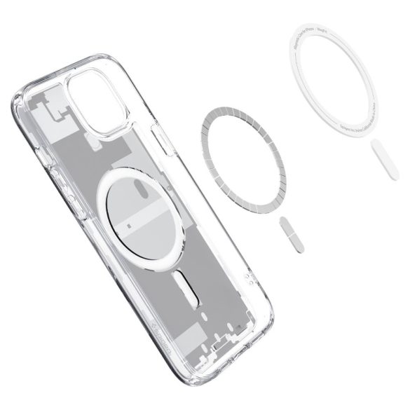 Apple iPhone 15 Plus, Műanyag hátlap védőtok + szilikon keret, Magsafe töltővel kompatibilis, iPhone belső minta, Spigen Ultra Hybrid Zero One Mag, átlátszó/fehér