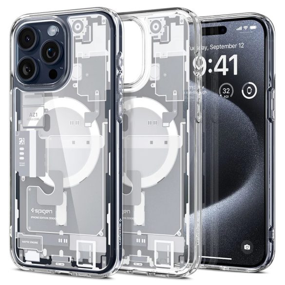 Apple iPhone 15 Pro, Műanyag hátlap védőtok + szilikon keret, Magsafe töltővel kompatibilis, iPhone belső minta, Spigen Ultra Hybrid Zero One Mag, átlátszó/fehér