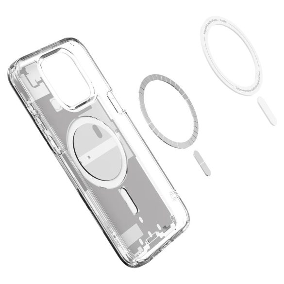 Apple iPhone 15 Pro, Műanyag hátlap védőtok + szilikon keret, Magsafe töltővel kompatibilis, iPhone belső minta, Spigen Ultra Hybrid Zero One Mag, átlátszó/fehér