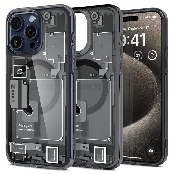 Apple iPhone 15 Pro Max, Műanyag hátlap védőtok + szilikon keret, Magsafe töltővel kompatibilis, iPhone belső minta, Spigen Ultra Hybrid Zero One Mag, átlátszó/füst