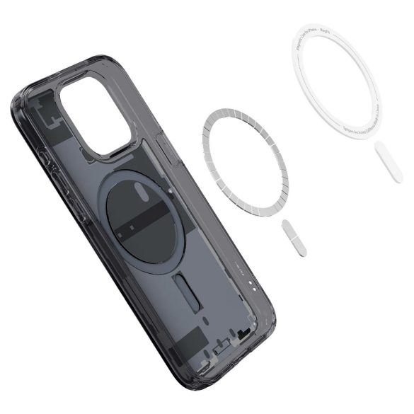 Apple iPhone 15 Pro Max, Műanyag hátlap védőtok + szilikon keret, Magsafe töltővel kompatibilis, iPhone belső minta, Spigen Ultra Hybrid Zero One Mag, átlátszó/füst