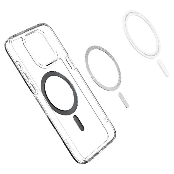 Apple iPhone 15 Pro Max, Műanyag hátlap védőtok + szilikon keret, Magsafe töltővel kompatibilis, karbon minta, Spigen Ultra Hybrid Mag, átlátszó/mintás