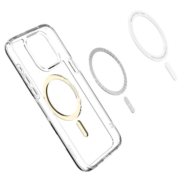 Apple iPhone 15 Pro Max, Műanyag hátlap védőtok + szilikon keret, Magsafe töltővel kompatibilis, Spigen Ultra Hybrid Mag, átlátszó/arany