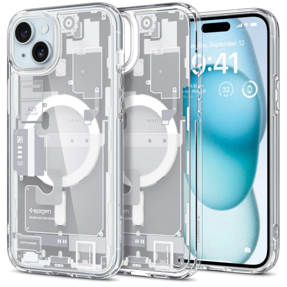 Apple iPhone 15, Műanyag hátlap védőtok + szilikon keret, Magsafe töltővel kompatibilis, iPhone belső minta, Spigen Ultra Hybrid Zero One Mag, átlátszó/fehér