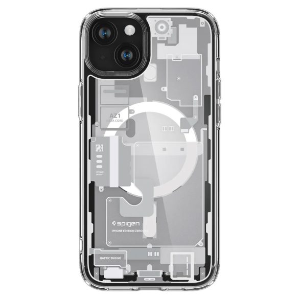Apple iPhone 15, Műanyag hátlap védőtok + szilikon keret, Magsafe töltővel kompatibilis, iPhone belső minta, Spigen Ultra Hybrid Zero One Mag, átlátszó/fehér