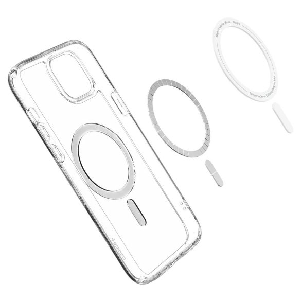 Apple iPhone 15, Műanyag hátlap védőtok + szilikon keret, Magsafe töltővel kompatibilis, Spigen Ultra Hybrid Mag, átlátszó/szürke