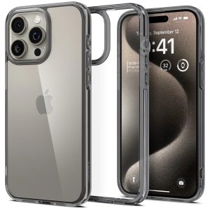 Apple iPhone 15 Pro Max, Műanyag hátlap védőtok + szilikon keret, Spigen Ultra Hybrid, átlátszó/füst