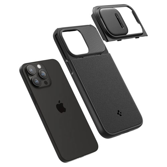 Apple iPhone 15 Pro, Szilikon tok, közepesen ütésálló, kamera védelem, Magsafe töltővel kompatibilis, Spigen Optik Armor Mag, fekete