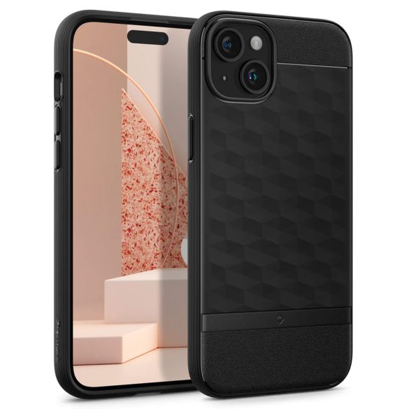Apple iPhone 15, Szilikon tok + műanyag keret, közepesen ütésálló, Magsafe töltővel kompatibilis, 3D hatszög minta, Spigen Caseology Parallax Mag, fekete