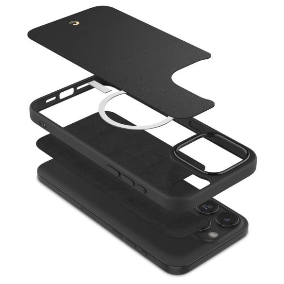 Apple iPhone 15 Pro Max, Szilikon védőkeret + műanyag hátlap, bőrrel bevont hátlap, Magsafe töltővel kompatibilis, Spigen Ciel Cyrill Kajuk Mag, fekete
