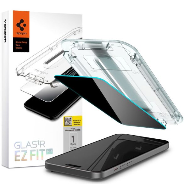 Apple iPhone 15, Kijelzővédő fólia, ütésálló fólia (az íves részre is!), Tempered Glass (edzett üveg), Spigen Ez Fit HD Privacy, Clear