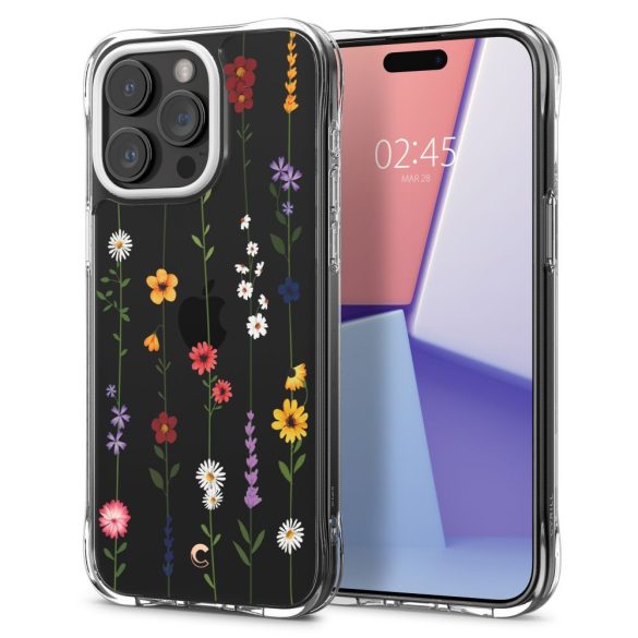 Apple iPhone 15 Pro Max, Szilikon tok, légpárnás sarok, virágoskert minta, Spigen Ciel Cyril Cecile, átlátszó/színes