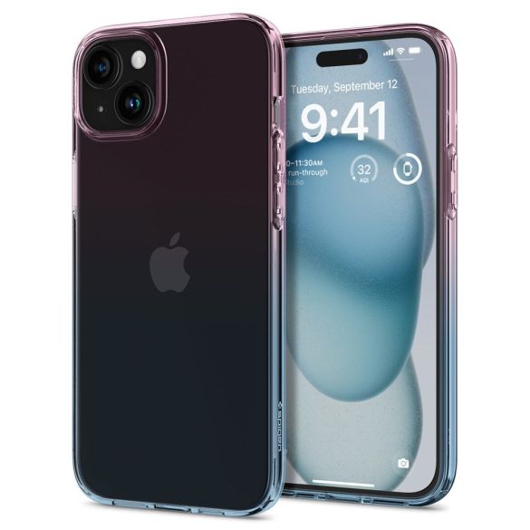 Apple iPhone 15, Szilikon tok, színátmenetes, Spigen Liquid Crystal Gradiation, átlátszó/rózsaszín/kék