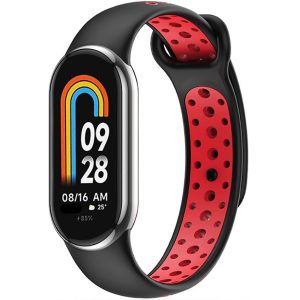 Xiaomi Mi Smart Band 8, szilikon pótszíj, állítható, lyukacsos, TP SoftBand, fekete/piros