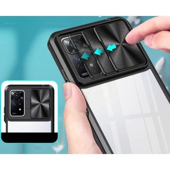 Xiaomi 14T Pro, Műanyag hátlap + szilikon keret, átlátszó akril hátlap, kamera védelem, Wooze Trendy, sötétkék