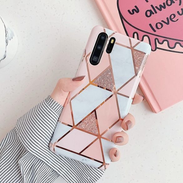 Apple iPhone 16e, Szilikon tok, sokszöges márvány minta, Wooze Geometric Marble, színes/rózsaszín
