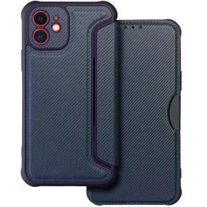 Apple iPhone 16e, Oldalra nyíló tok, légpárnás sarok, bőrhatású, karbon minta, Razor Book, kék