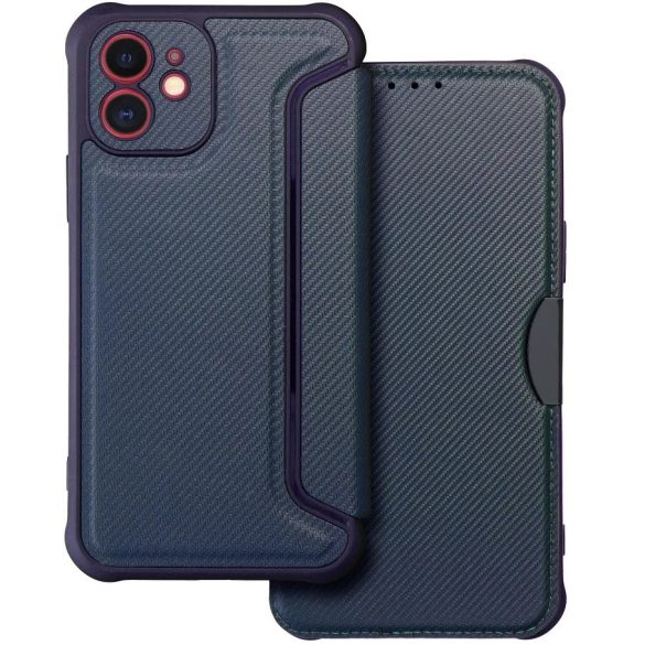 Apple iPhone 16e, Oldalra nyíló tok, légpárnás sarok, bőrhatású, karbon minta, Razor Book, kék