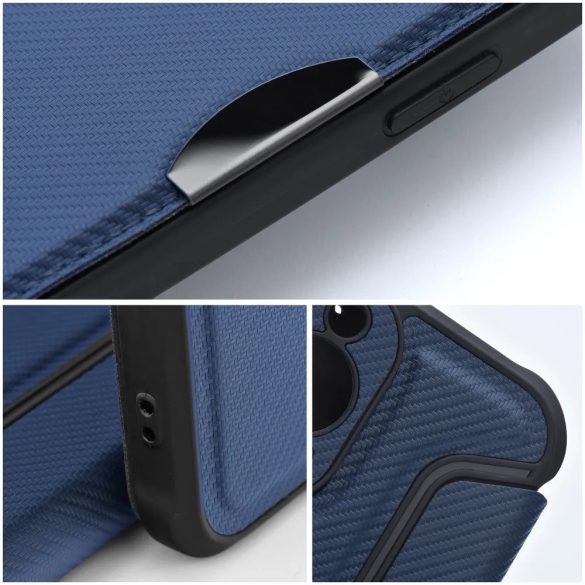 Apple iPhone 16e, Oldalra nyíló tok, légpárnás sarok, bőrhatású, karbon minta, Razor Book, kék