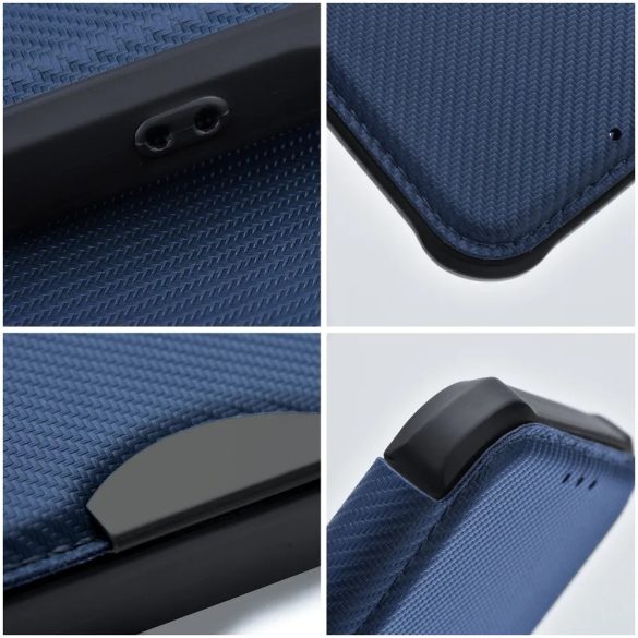 Apple iPhone 16e, Oldalra nyíló tok, légpárnás sarok, bőrhatású, karbon minta, Razor Book, kék