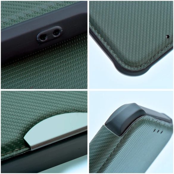 Apple iPhone 16e, Oldalra nyíló tok, légpárnás sarok, bőrhatású, karbon minta, Razor Book, zöld